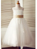 Sheer Neck Ivory Lace Tulle Tea Length Flower Girl Dress